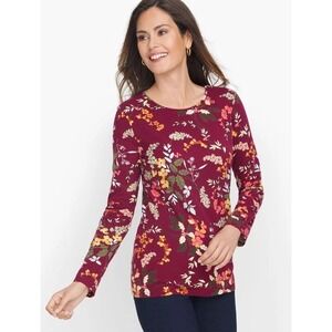 NWT Talbots Crewneck Cotton Tee Swirling Floral Sz 3XP Long Sleeve Burgundy Boho
